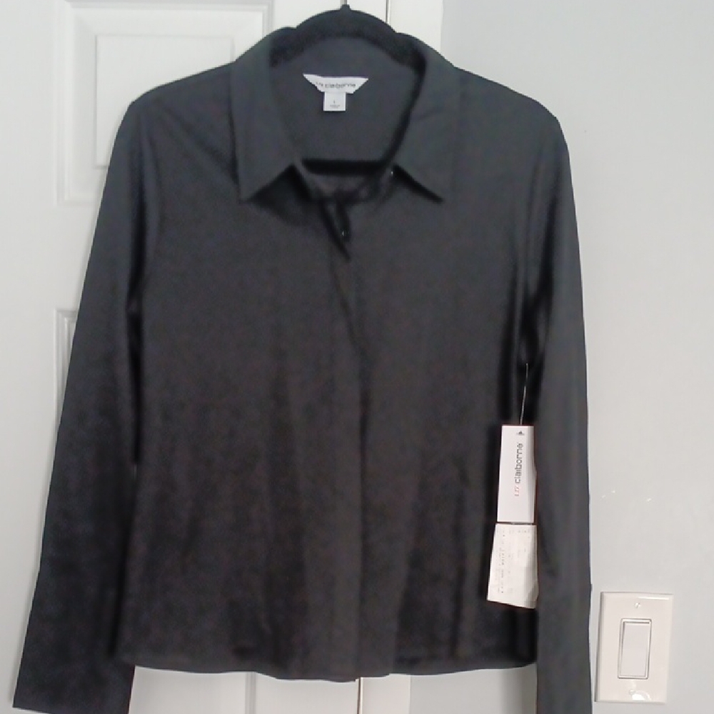 NWT 3/$15 Liz Claiborne Semi Sheer Black Button Down Shirt.